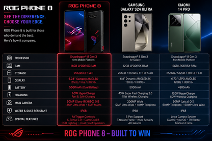Asus ROG Phone 5s Gaming phone comparison infographic showing several smartphones and spec panels