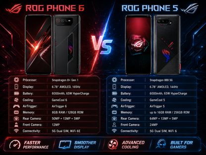 Asus ROG Phone 6 Black  gaming smartphone pictured side-by-side on comparison layout