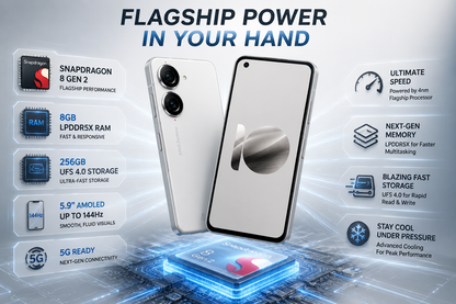 Asus Zenfone 10 AI2302 5GWhite smartphone front and back with dual rear cameras, flagship performance layout