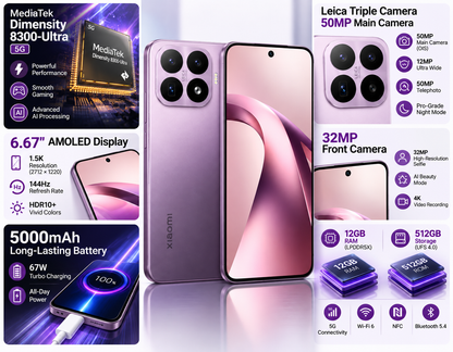 XIAOMI Mi 17T 5G Violet smartphone front and back with feature graphics displayed beside it.