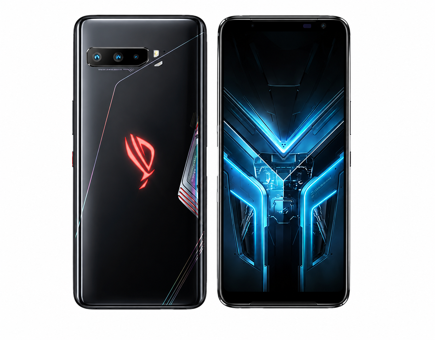 Black ASUS ROG Phone 3 smartphone, front and back shown, red ROG logo on back