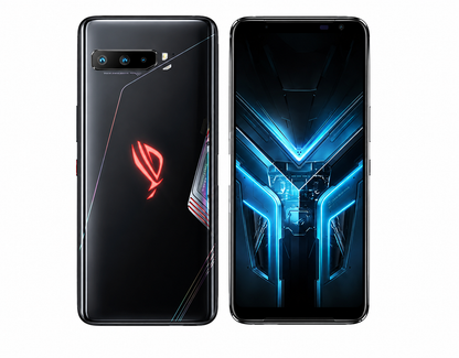 Black ASUS ROG Phone 3 smartphone, front and back shown, red ROG logo on back