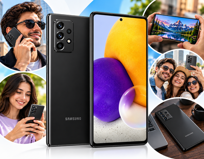 Black Samsung Galaxy A72 smartphone with front screen view and rear camera back