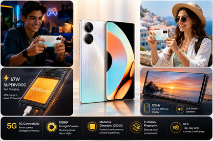 Realme 10 Pro+ 5G Gold Realme smartphone in center, front view with curved display and dual rear cameras