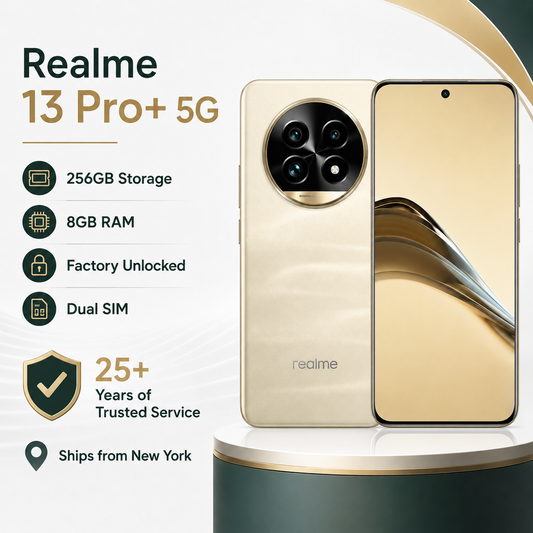 Realme 13 Pro Plus 5G Gold smartphone front and back standing on pedestal, dual rear camera array shown