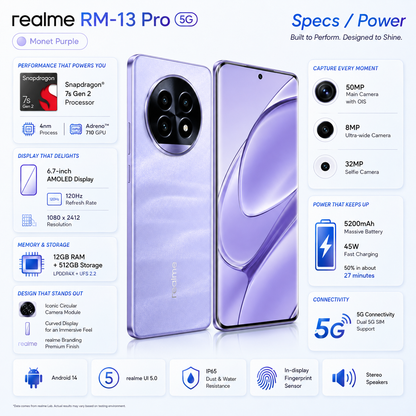 Realme 13 Pro 5G  Purple smartphone pair, front and back with triple rear camera.