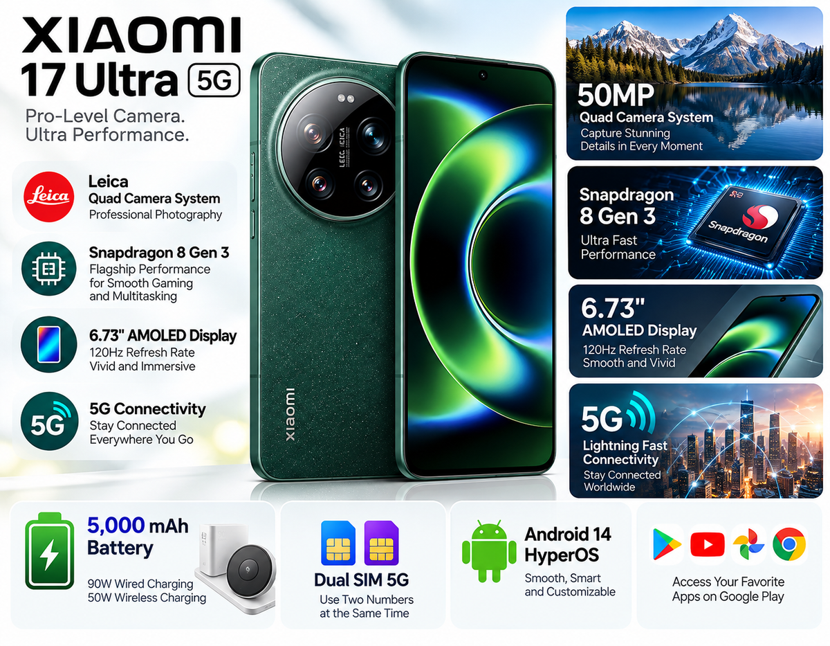 Xiaomi 17 Ultra 5G 512GB ROM 16GB RAM Dual SIM GSM Unlocked - Green