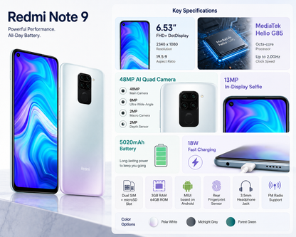 Xiaomi Redmi Note 9 3GB/64GB Dual Sim 6.53" 48MP GSM Unlocked- Polar White