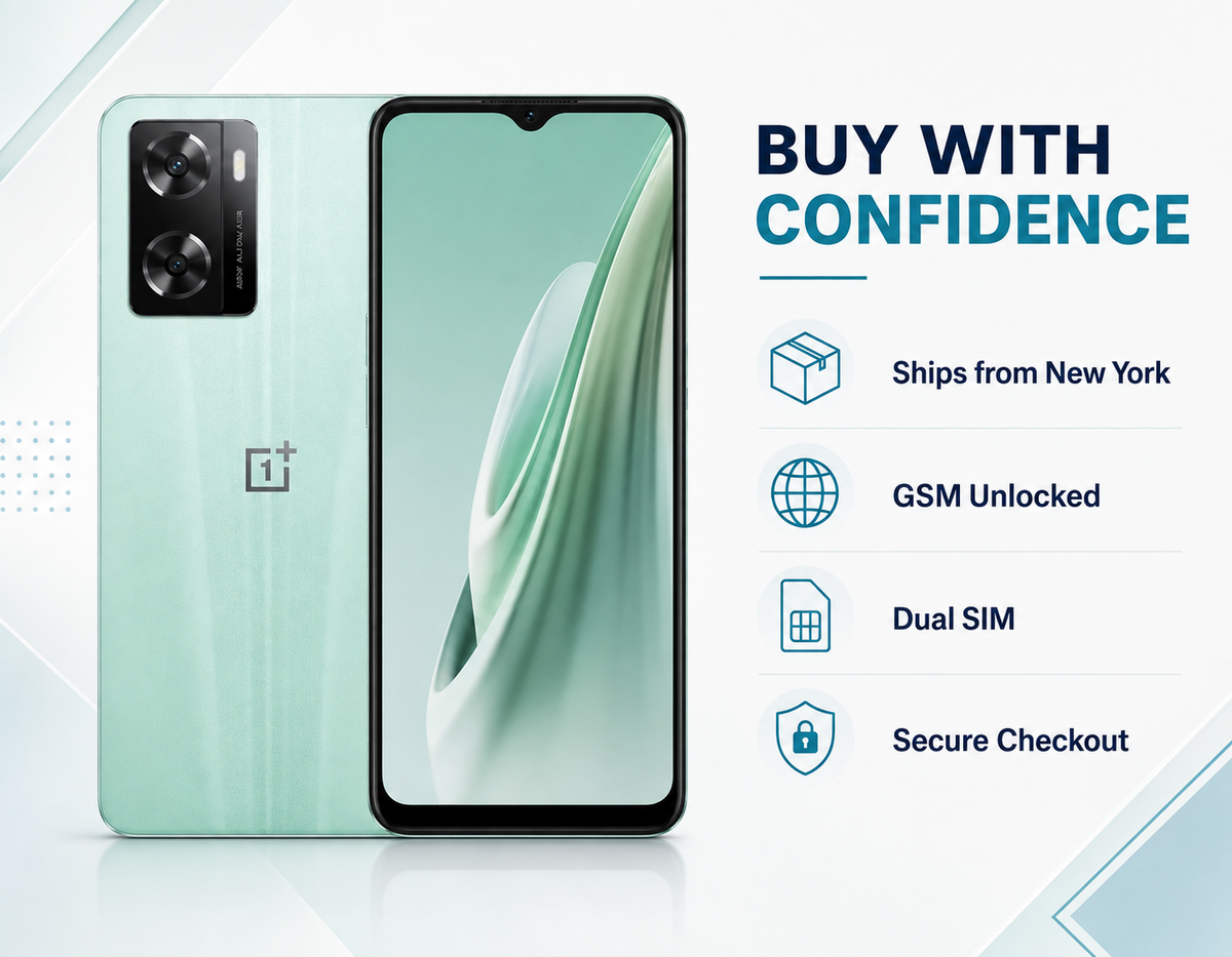 OnePlus Nord N20 SE Mint smartphone front and back with dual rear cameras and glass display