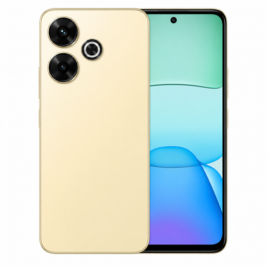 Gold smartphone with dual rear cameras and mint-to-blue gradient front display