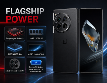 OnePlus 12 5G smartphone back view in black with quad-lens camera and glossy finish