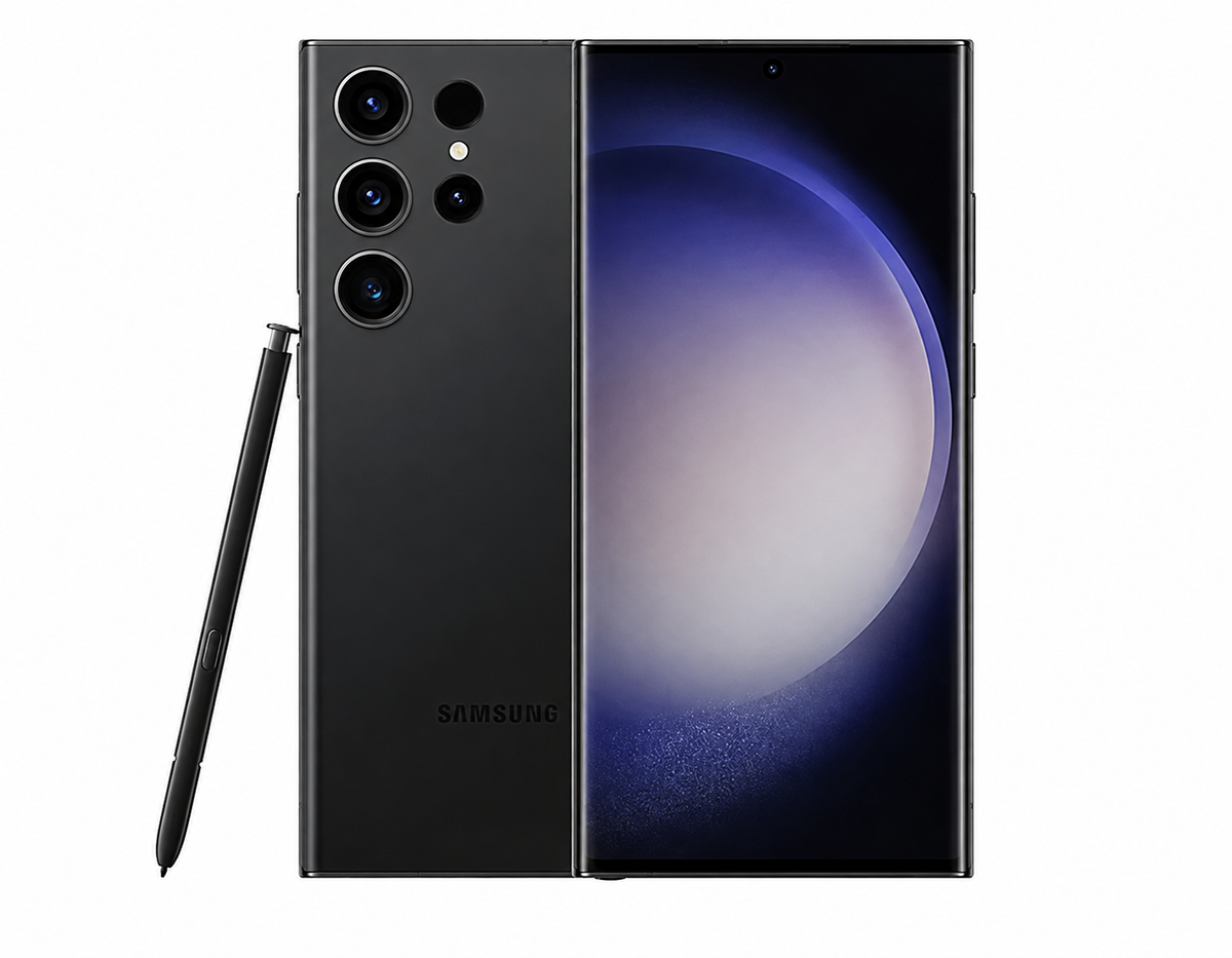 Black Samsung Galaxy S23 Ultra 5G smartphone with S Pen and triple rear camera array