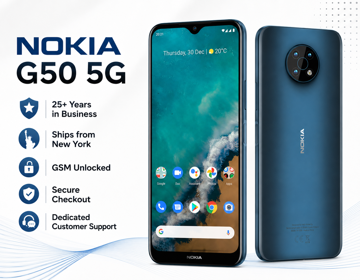 Blue Nokia G50 5G smartphone with front display and rear dual camera