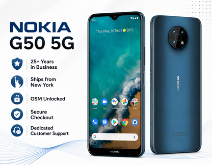 Blue Nokia G50 5G smartphone with front display and rear dual camera