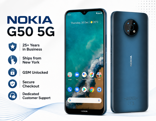 Blue Nokia G50 5G smartphone with front display and rear dual camera