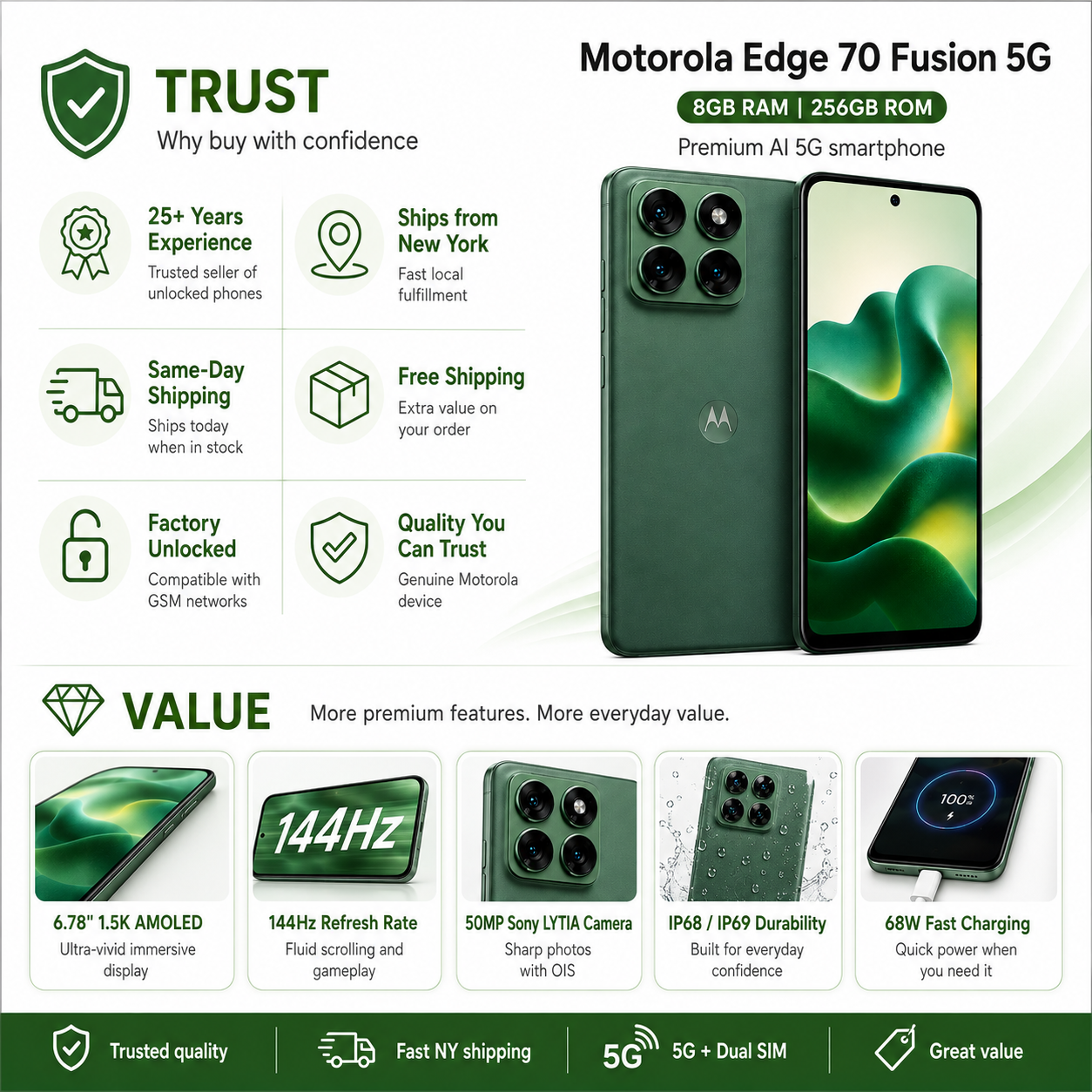 Motorola Moto Edge 70 Fusion 5G Dual-Sim 256GB ROM 8GB RAM GSM Unlocked - Green