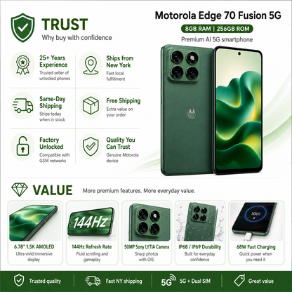 Motorola Moto Edge 70 Fusion 5G Dual-Sim 256GB ROM 8GB RAM GSM Unlocked - Green