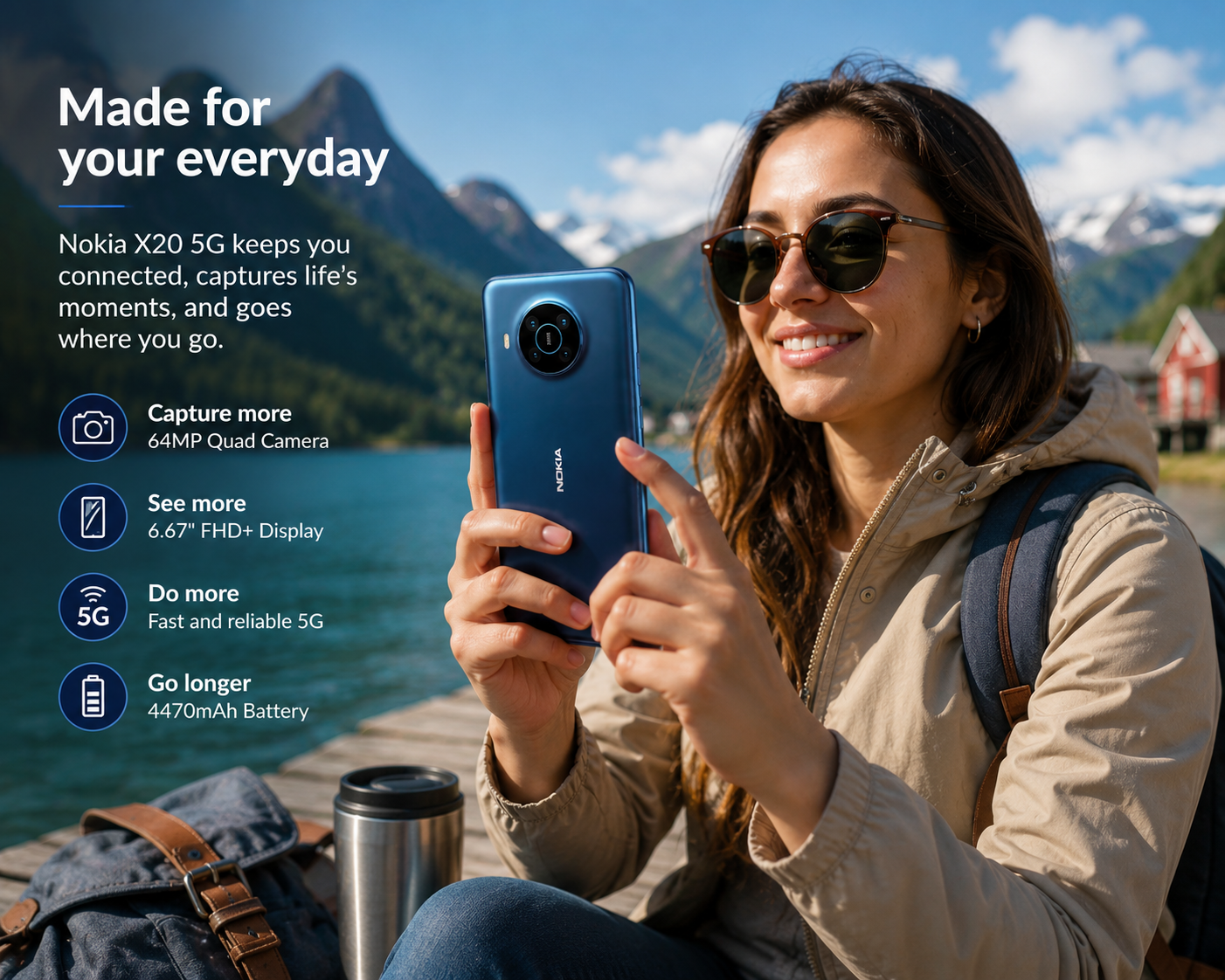 Nokia X20 5G Nordic Blue phone held in one hand, showing rear camera