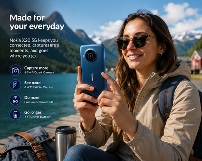 Nokia X20 5G Nordic Blue phone held in one hand, showing rear camera