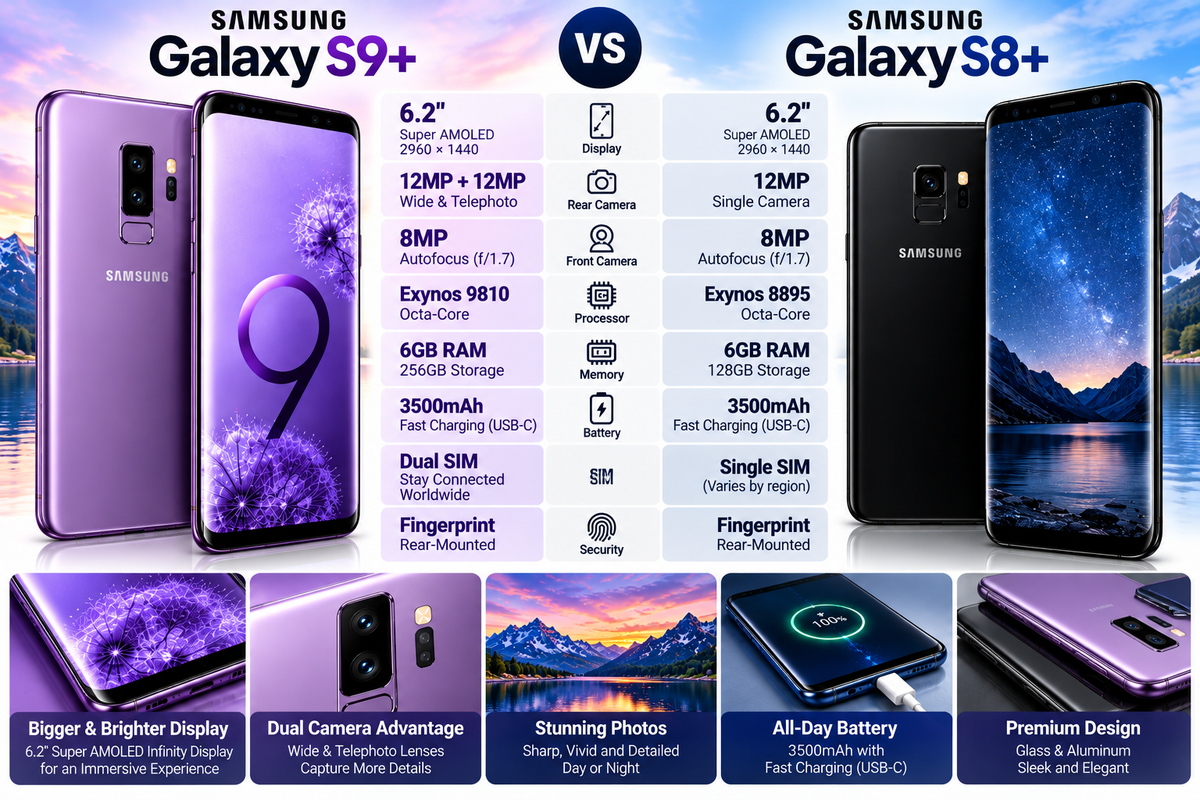 Samsung Galaxy S9+ smartphone in lilac purple, shown side-by-side with another phone