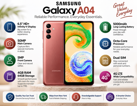 Samsung Galaxy A04 SM-A045F/DS Dual SIM 64GB ROM 4GB RAM GSM Unlocked - Copper