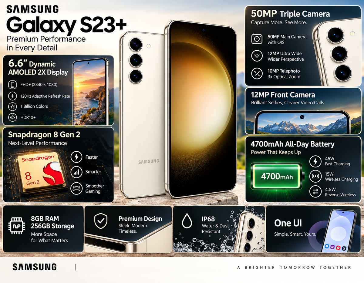 SAMSUNG Galaxy S23+ 5G Cream Samsung smartphone front and back with triple cameras and 4700mAh label