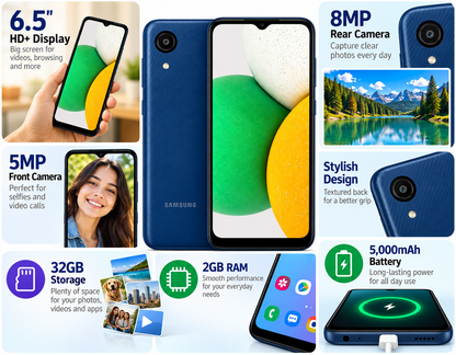Samsung Galaxy A03 Core A032M Dual SIM 32GB ROM 2GB RAM GSM Unlocked - Blue