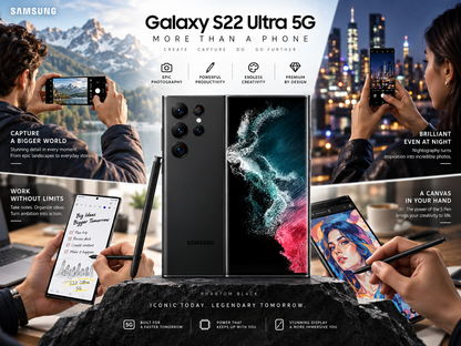 Black Galaxy S22 Ultra 5G phone with S Pen and quad rear cameras