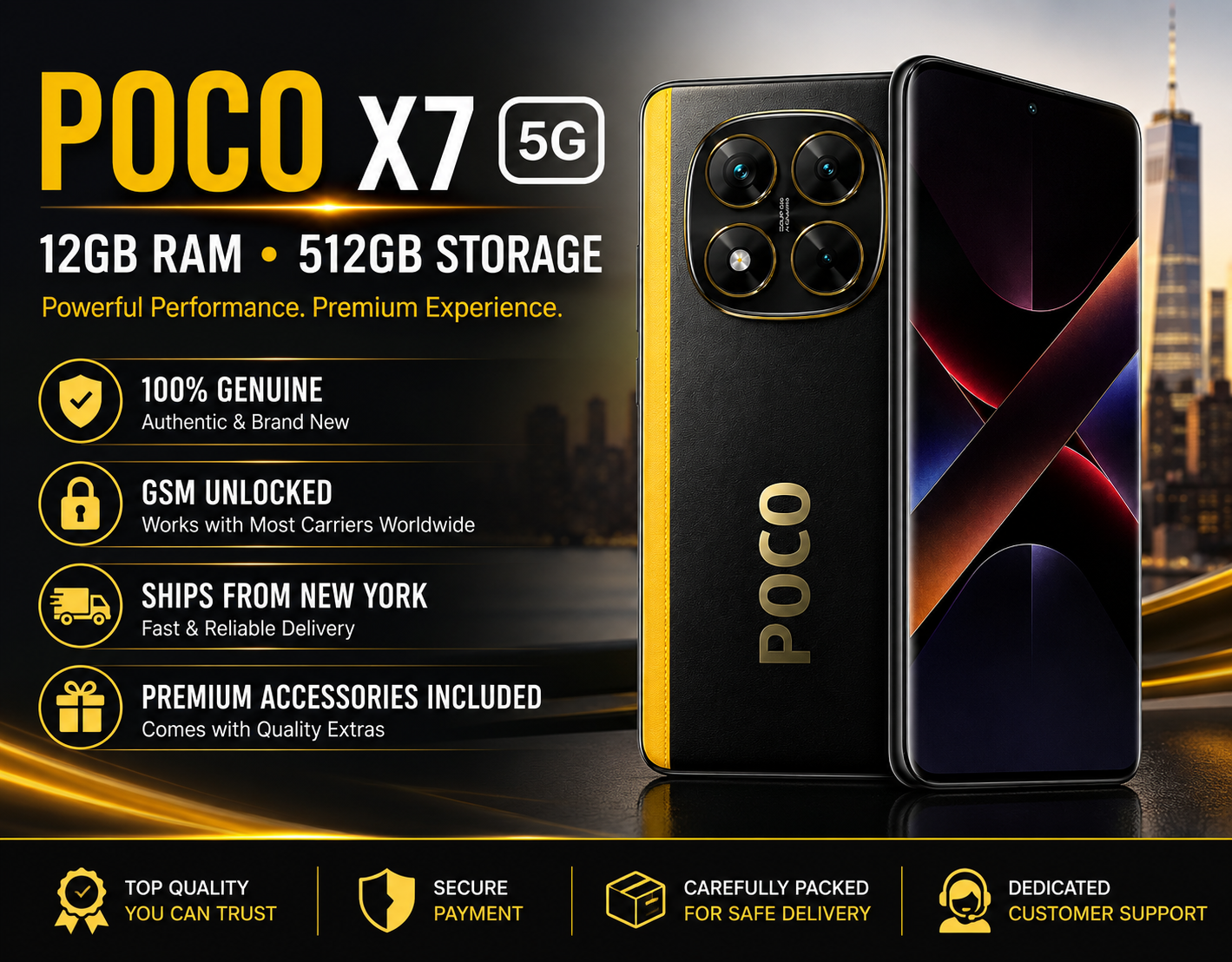 Xiaomi Poco X7 5G Unlocked smartphone with gold-trim black back and front display, side view