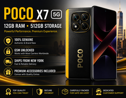 Xiaomi Poco X7 5G Unlocked smartphone with gold-trim black back and front display, side view