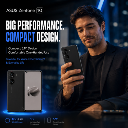 Black ASUS Zenfone 10 smartphone in hand, front display and rear camera module