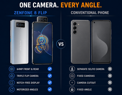 Asus Zenfone 8 Flip Silver flip smartphone side-by-side with another dark smartphone