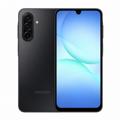 Black Samsung Galaxy A17 5G smartphone showing back and blue front display