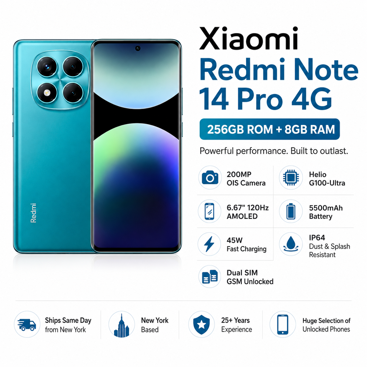 Xiaomi Redmi Note 14 Pro 4G 256GB ROM 8GB RAM Dual SIM GSM Unlocked - Ocean Blue