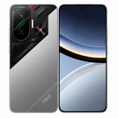 Silver Poco F7 5G smartphone front and back view with dual camera module