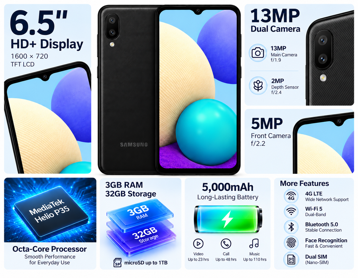 Black Samsung Galaxy A02 smartphone with 6.5-inch HD+ display and dual 13MP cameras.