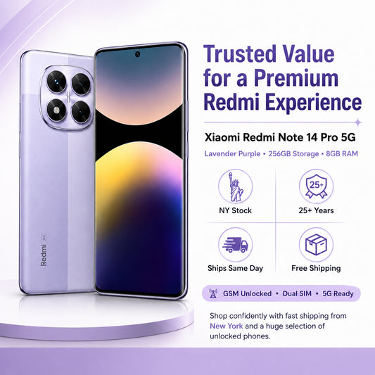 Lavender purple Xiaomi Redmi Note 14 Pro 5G smartphone front and back shown together.