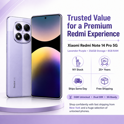 Xiaomi Redmi Note 14 Pro 5G 256GB ROM 8GB RAM Dual SIM GSM Unlocked - Lavender Purple