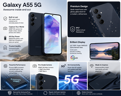Samsung Galaxy A55 5G Navy Samsung smartphone with water and dust resistance design callout