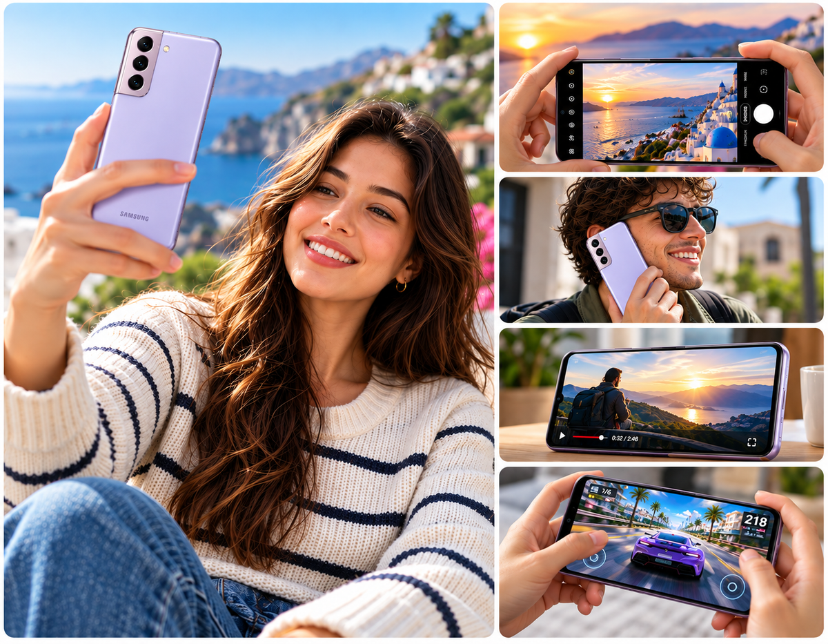 Galaxy S21 5G phone held by a person, phantom violet back and landscape screen