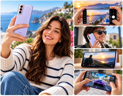 Galaxy S21 5G phone held by a person, phantom violet back and landscape screen