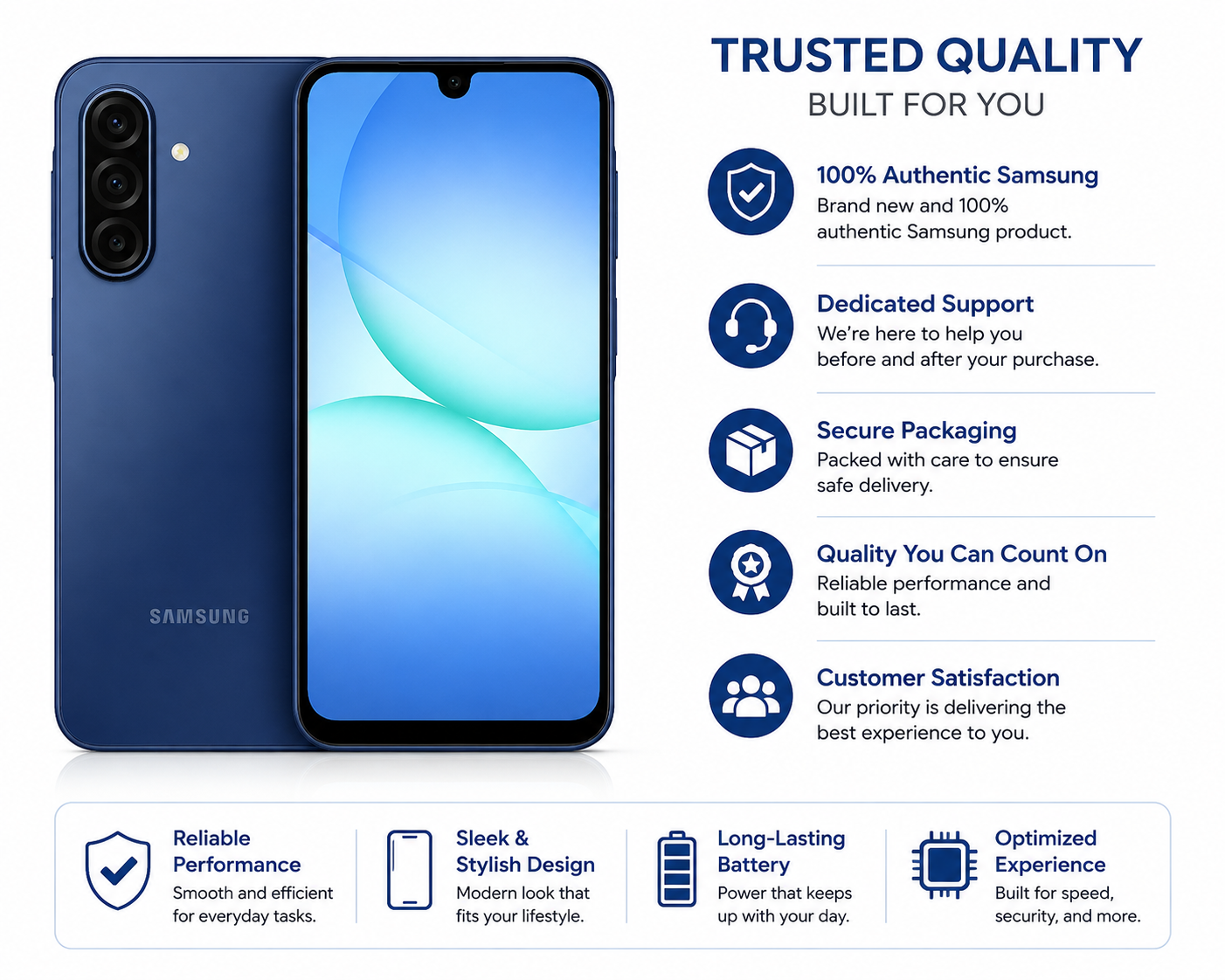 Blue Samsung Galaxy A17 5G smartphone with dual rear cameras and front display