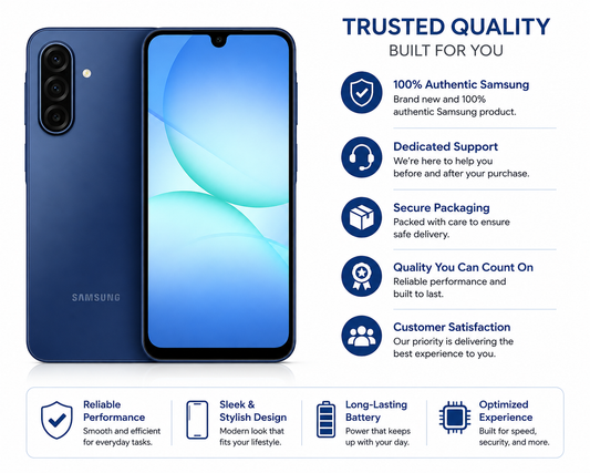 Blue Samsung Galaxy A17 5G smartphone with dual rear cameras and front display