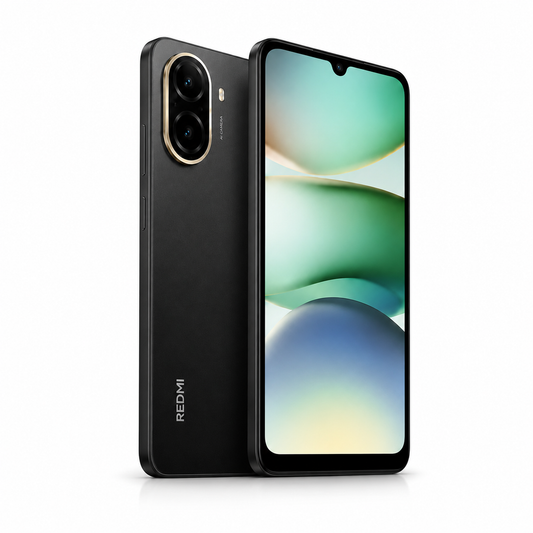 Black smartphone, front display and dual rear camera, front and back view