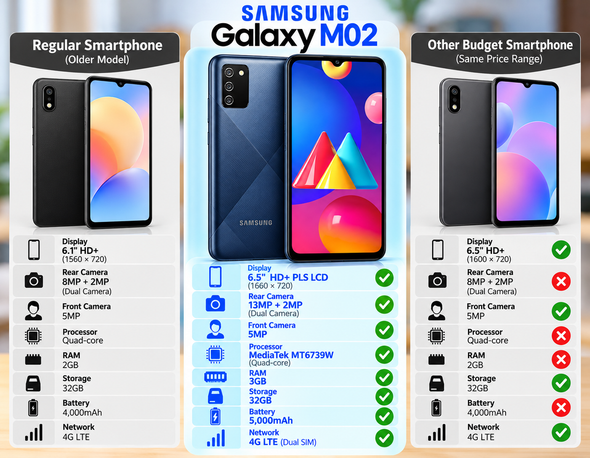 Samsung Galaxy M02s Blue Samsung smartphone shown with side-by-side spec cards and icons