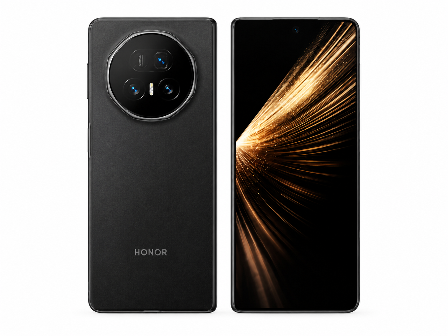 Honor Magic V5  Black foldable smartphone with dual cameras on the back and display facing front