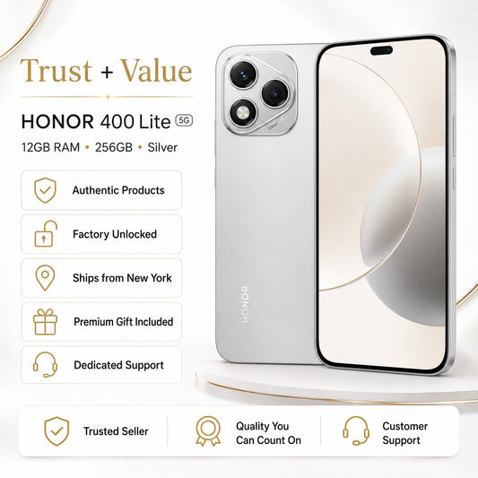 Grey Honor 400 Lite 5G smartphone with front display and rear cameras, side view