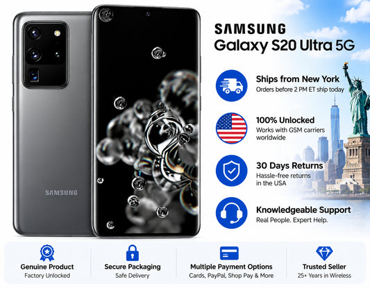 Samsung Galaxy S20 Ultra 5G smartphone, cosmic grey, front and rear cameras visible