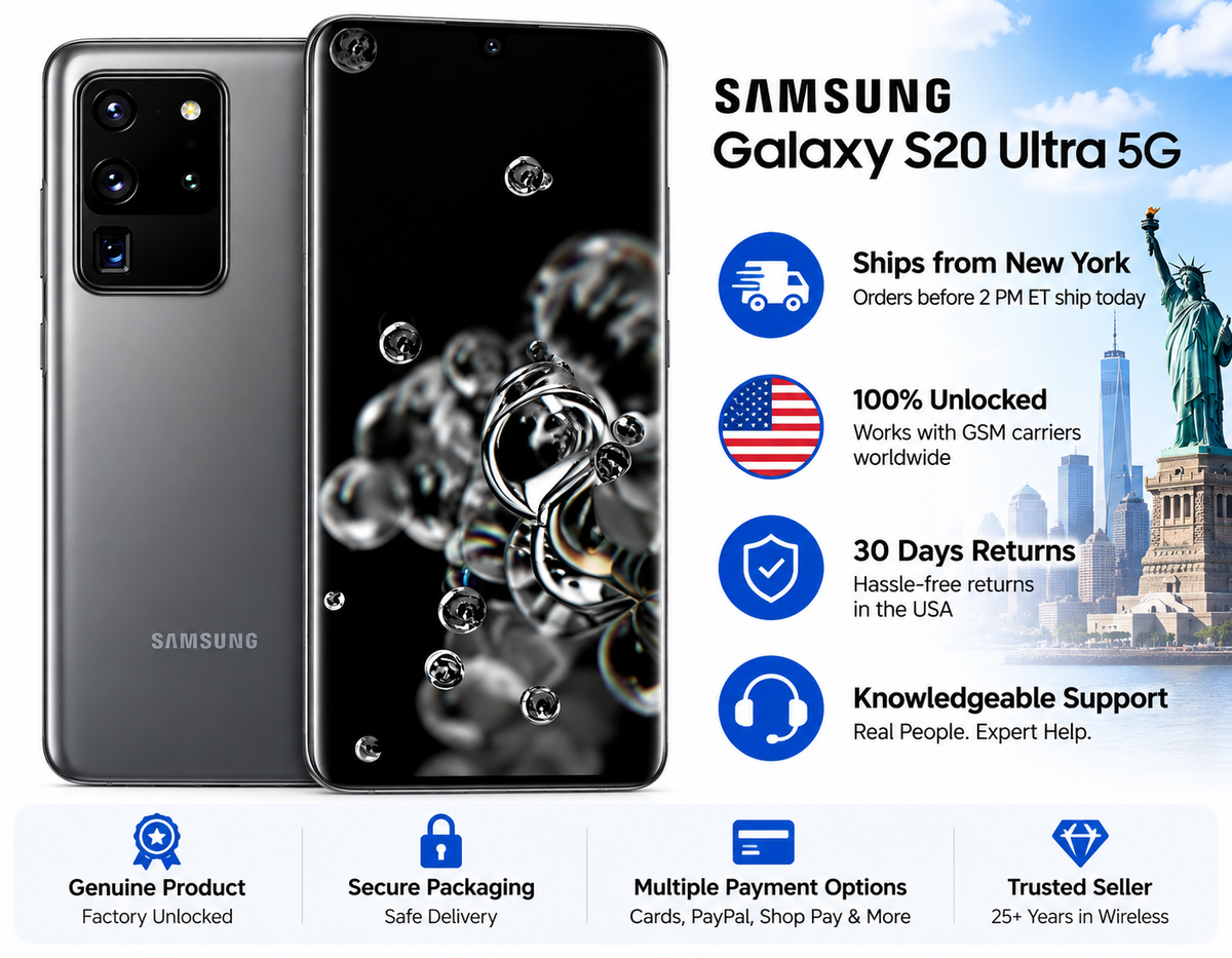 Samsung Galaxy S20 Ultra 5G smartphone, cosmic grey, front and rear cameras visible