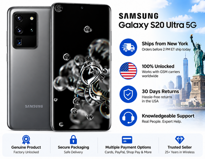 Samsung Galaxy S20 Ultra 5G smartphone, cosmic grey, front and rear cameras visible